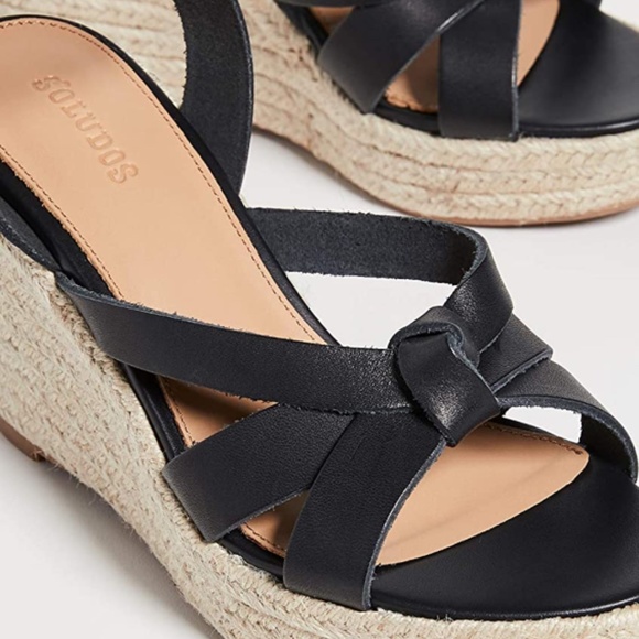 Soludos Charlotte Knotted Black Leather Wedge Espadrille Platform Sandal 10 - Picture 3 of 13